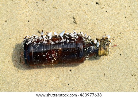 Empty brown glass bottle with sea shells abandoned on the beach