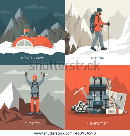Color flat composition 2x2 depicting mountain camp climbing top stuff vector illustration