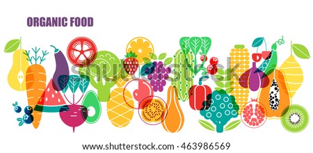 Vector pattern of vegetables. Organic fruits and vegetables template.  Royalty-Free Stock Photo #463986569