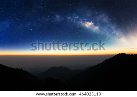Landscape Milky Way on the night sky.Mountain at night with bright light of the stars across the sky, and dark enough to see the Milky Way galaxy.