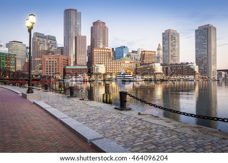 The mix of modern and historic architecture of Boston in Massachusetts, USA at sunrise.