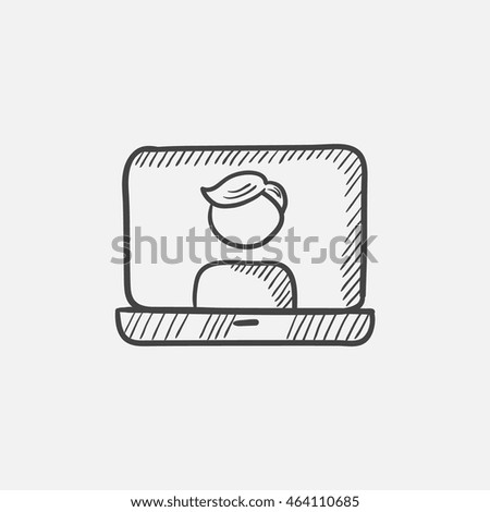 Laptop with man on a screen sketch icon for web, mobile and infographics. Hand drawn vector isolated icon.