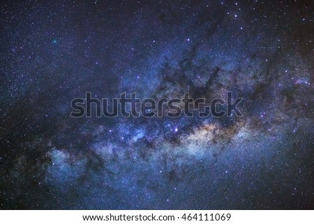Milky way galaxy with stars and space dust in the universe.Comet 252P/LINEAR is left of and below Saturn, Long exposure photograph, with grain