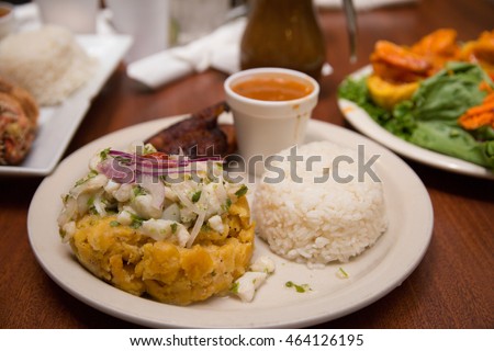 Mofongo, Puerto Rican Dish Made of Fried Plantain and Topped with Meat Royalty-Free Stock Photo #464126195