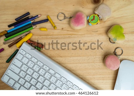 top view image of school supplies on wooden table. education concept, Closeup