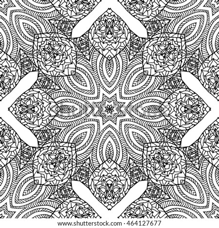 Abstract vector decorative ethnic mandala black and white seamless pattern. Adult coloring book page.