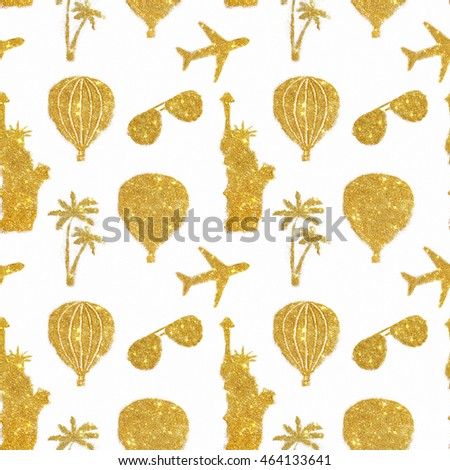Seamless pattern with different symbols of travel of golden glitter. Statue of Liberty, air balloons, airplanes