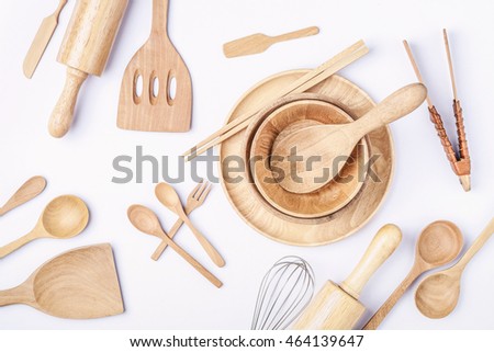 Overhead view of wood utensils, Flat lay photography of wood kitchenware