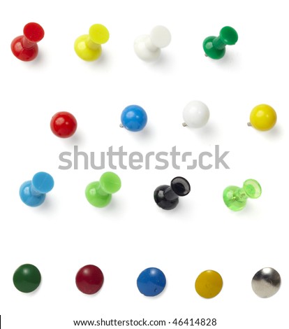 close up of various pushpins  on white background with clipping path Royalty-Free Stock Photo #46414828