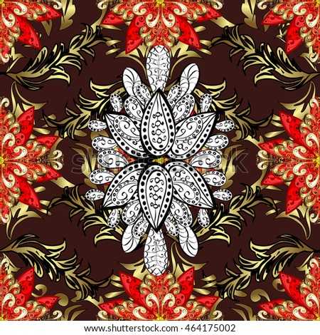 Seamless vintage pattern on red background with golden and white elements