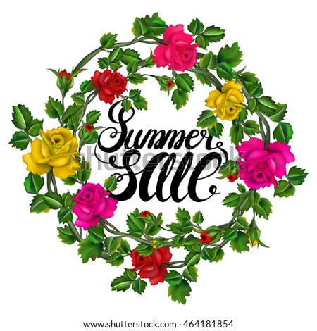 Summer sale banner with wreath with colorful flowers and hand lettering. Vector illustration for summer sale. 