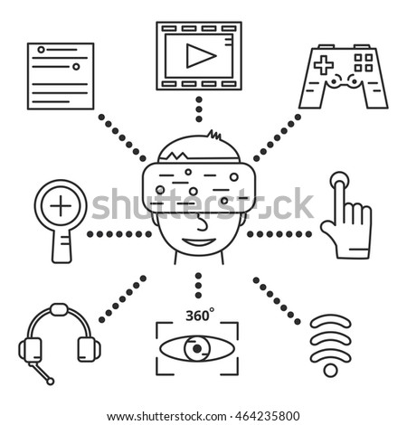 virtual reality goggles, set of linear icons on white background