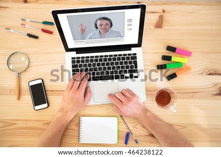 video conference, education online, coaching on internet or webinar Royalty-Free Stock Photo #464238122