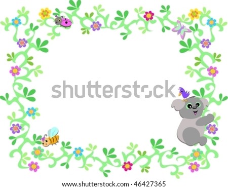 Frame of Koala Bear with Vines and Bug Friends Vector