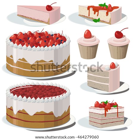Set of sweets from the berries. Cake, cheesecake, cupcakes with cherries, strawberries, raspberries, blueberries.