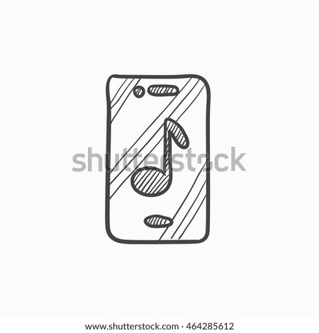 Phone with musical note vector sketch icon isolated on background. Hand drawn Phone with musical note icon. Phone with musical note sketch icon for infographic, website or app.