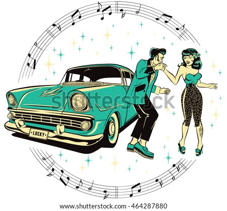 Teddy boy and a Rockabilly pinup chick dancing in front of a hotrod isolated on white