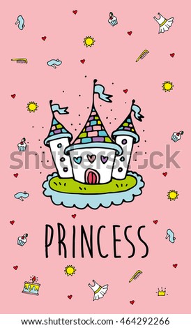 Magic Fairy Tale Princess Castle. Stylish card. Cover. Vector Illustration. Eps 10