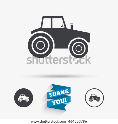 Tractor sign icon. Agricultural industry symbol. Flat icons. Buttons with icons. Thank you ribbon. 