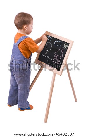 boy drawing on blackboard, isolated in white