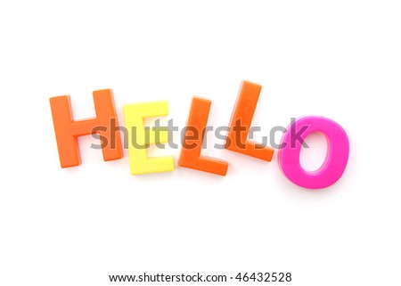 The word 'hello' spelled out using colored fridge magnets, isolated on white