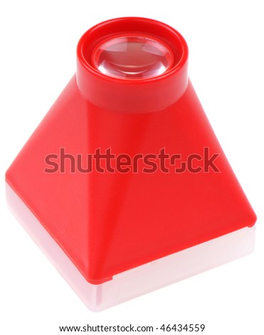 High resolution white background macro studio image of a red loupe