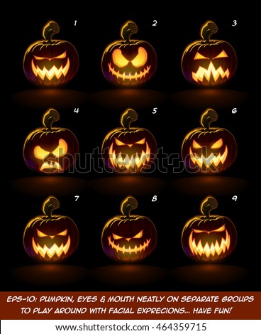 Vector icons of a lighten Jack O Lantern glowing in the dark in 9 Scary expressions. Each expression on separate Layer. Pumpkin, Eyes, Mouth, Glow and Floor Glow on separate groups.