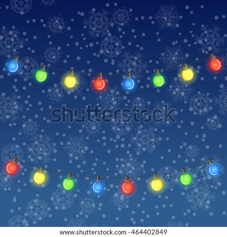 Vector winter illustration of glowing light bulbs on dark blue snowfall background