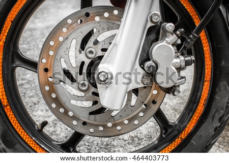 Front disc brake on car, motorcycle