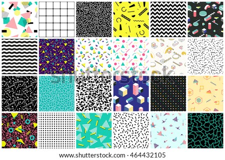 Abstract seamless patterns 80's-90's styles. Trendy memphis style. Colorful geometric background set. Royalty-Free Stock Photo #464432105