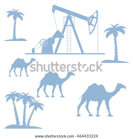 Stylized icon of the equipment for oil production on a color background with palm trees and camels