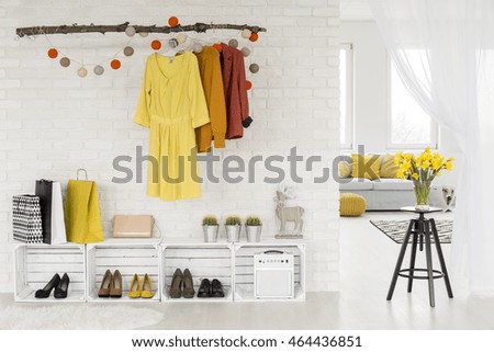 Bright hallway in a modern flat, separated from a spacious living room with a white net curtain Royalty-Free Stock Photo #464436851