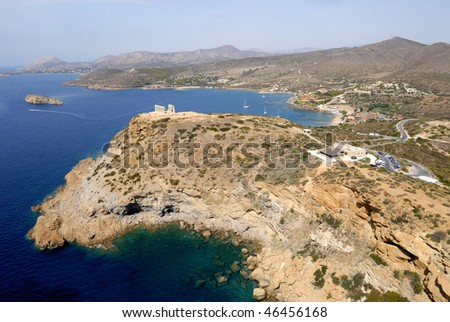  Aerial view of the temple of Poseidon, on the cape sounion promontory, southern tip of Attica. Greece, Europe