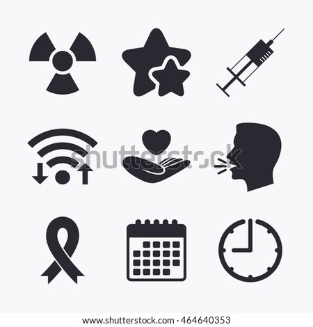 Medicine icons. Syringe, life insurance, radiation and ribbon signs. Breast cancer awareness symbol. Hand holds heart. Wifi internet, favorite stars, calendar and clock. Talking head. Vector