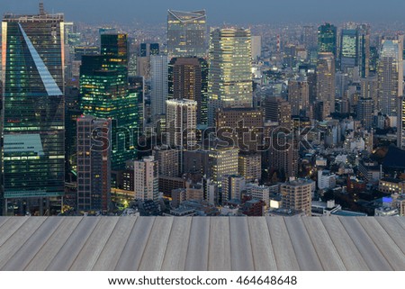 Opening wooden floor, Night view Tokyo city aerial view, cityscape downtown background