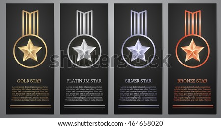 Set of  black banners, Gold , Platinum ,Silver and Bronze stars, Vector illustration. Royalty-Free Stock Photo #464658020