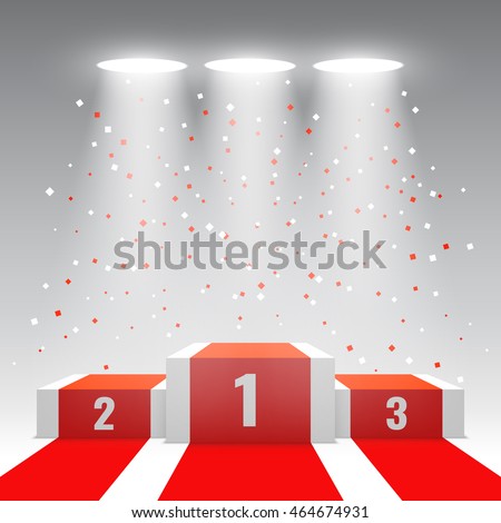 White winners podium with red carpet and confetti. Stage for awards ceremony. Pedestal. Spotlight. Vector illustration. Royalty-Free Stock Photo #464674931
