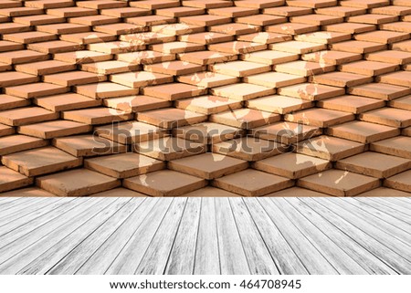 Tile roof of old Thai temple texture surface natural color use for background with Wood terrace and world map (Outline elements of world map image from NASA public domain)