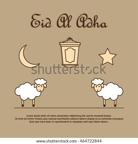 Greeting card template for Muslim Community Festival of sacrifice Eid-Ul-Adha with sheeps, latern, moon and star. Vector Illustration Royalty-Free Stock Photo #464722844
