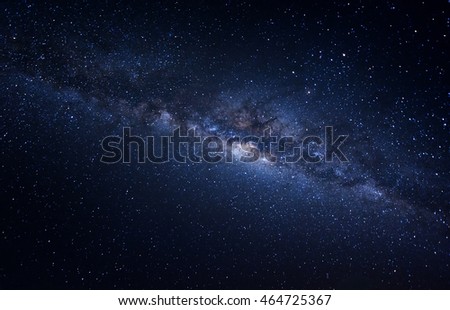 Milky way galaxy with stars and space dust in the universe. Image contain grains and visible noise, soft focus, and blur due to long expose and high ISO.