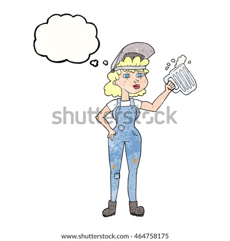 freehand drawn thought bubble textured cartoon hard working woman with beer 