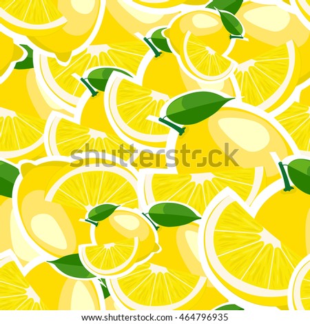 Lemon sticker background. Pattern with big lemons and leaves.