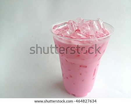 Pink milk cold drink so delicious on white background 