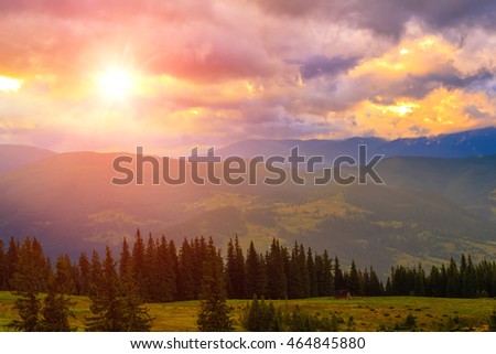 Picturesque Carpathian mountains landscape, scenery of sunset. Ukraine, Europe