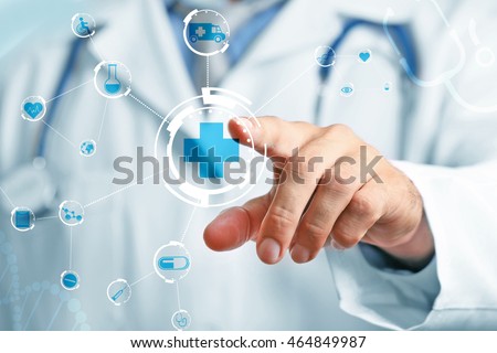 Doctor hand pushing button on virtual screen. Medical technology concept