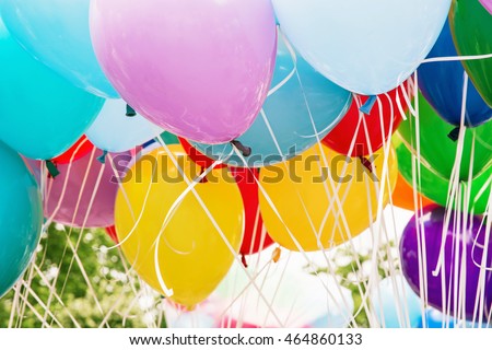 Balloons party. Funny symbolic objects. Colorful balloons background. Retro objects. Leisure activity. Vibrant colors.