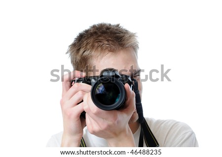 paparazzi takes a picture directly at you, isolated on white background.