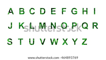 Green leaves alphabet capital letter shapes on a white background.