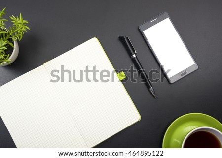 Business card blank, smartphone or tablet pc, flower and pen at office desk table top view. Corporate stationery branding mock-up