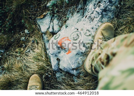 Hikers boots, resting on mountain Rtanj, Serbia
